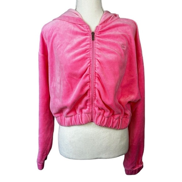 Juicy by Juicy Couture Hot Pink Velour Cropped Zip Up Hoodie and Skirt M L - Picture 3 of 16